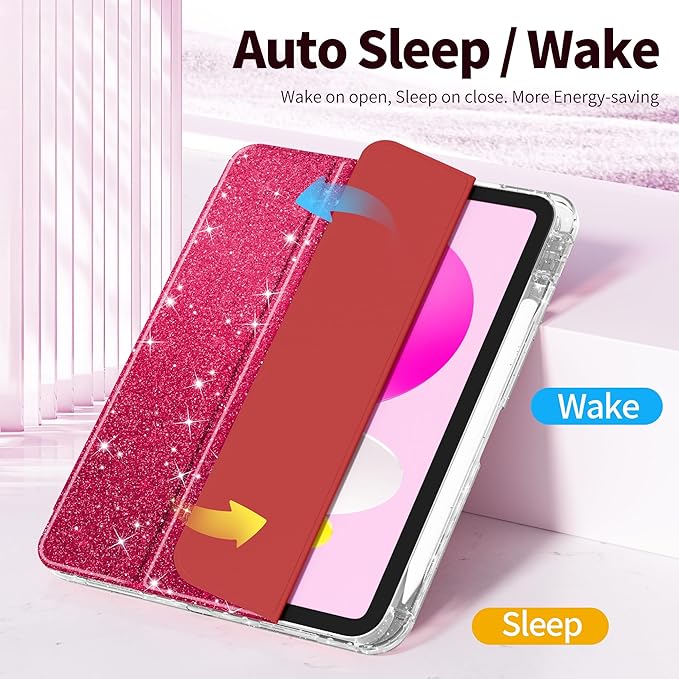 Tuiklol Sparkly Case for iPad (A16 Chip) 11th Gen 11 inch 2025 / iPad 10th Gen 10.9 inch 2022 Built in Pencil Holder with Glitter Clear Back Shell Cover Trifold Stand Auto Wake/Sleep Sparkly-Red