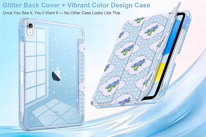 MEEgoodo Case for iPad A16 11th Generation 2025/10th Generation 2022 Glitter Tablet Cases with Transparent Acrylic Back+Trifold Stand +Pencil Holder+Auto Wake/SleepRoses &amp Blue Polka Dots