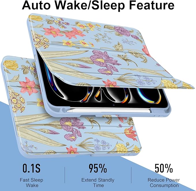 DONGKE for iPad Pro 11-Inch Case (M5 2025 / M4 2024) 6th/5th Generation [Auto Sleep/Wake &amp Pencil Pro Holder] Clear Acrylic Back Smart Trifold Stand Cover Blue Botanical Floral