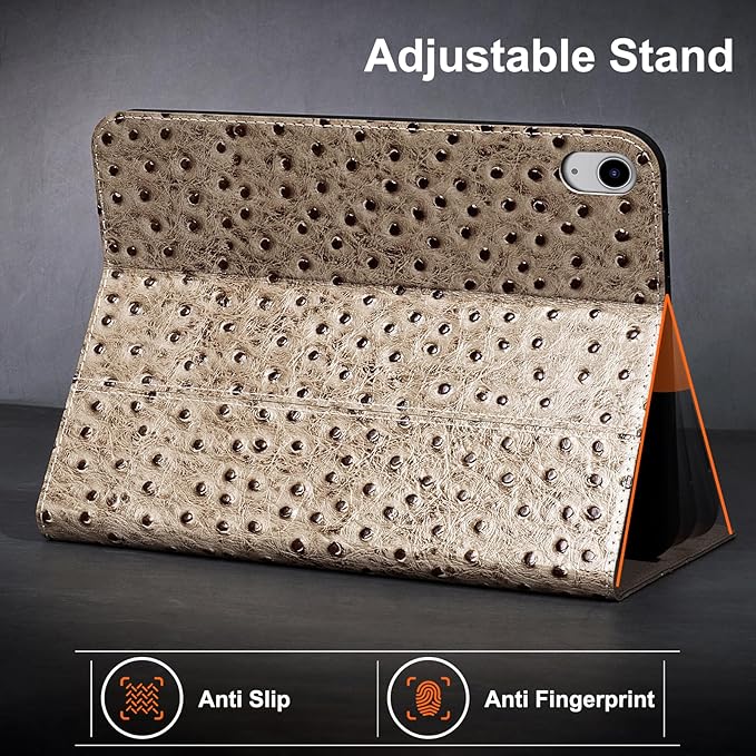 Gexmil Leather Case for iPad (A16) 11th Generation 11 Inch 2025 iPad 10th Generation 10.9 Inch 2022Protective Top Grain Leather Cover Support Auto Sleep/WakeAnti SlipKhaki Ostrich Grain