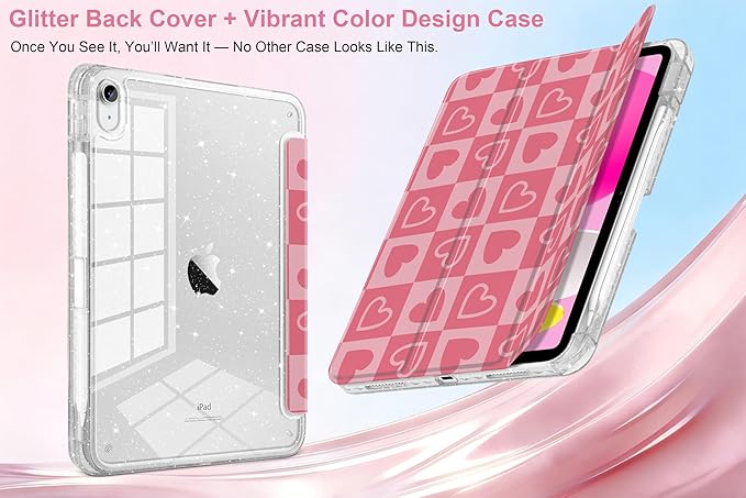 MEEgoodo Case for iPad A16 11th Generation 2025/10th Generation 2022 Glitter Tablet Cases with Transparent Acrylic Back+Trifold Stand +Pencil Holder+Auto Wake/SleepHearts &amp Pink Checkered