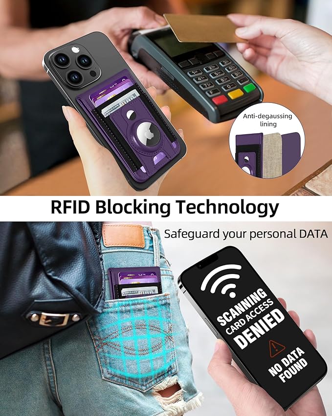 for Magsafe Wallet Stand with Airtag Holder Strongest Magnetic Wallet for iPhone 17/16/15/14/13/12 Series ID Window 4 Card Slots 10 Cards Holder Vegan Leather RFID Blocking Purple