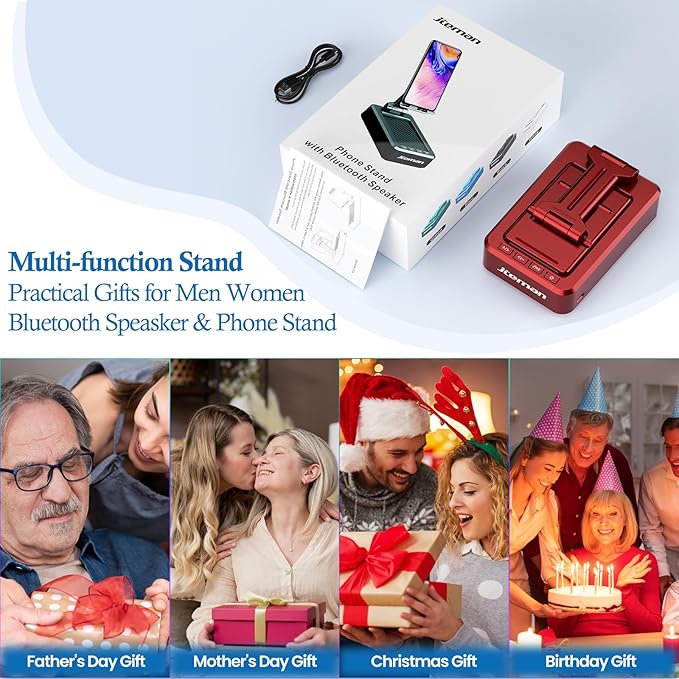 JTEMAN Portable Phone Stand with Speaker Bluetooth WirelessGifts for Men WomenBirthday for WomenKitchen Gadgets for MenPhone Holder for Desk - Red