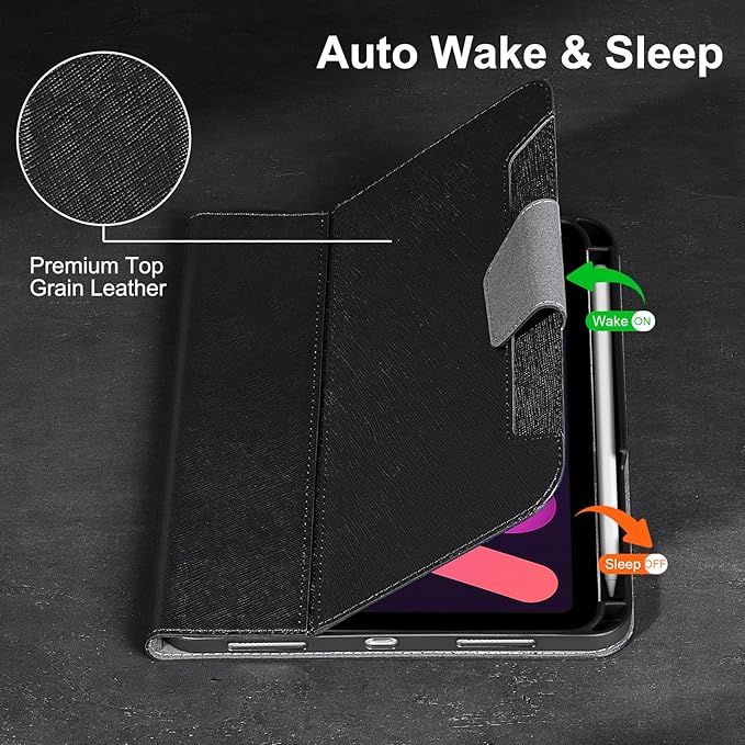 Gexmil Premium Leather Case for iPad mini 7 (A17 Pro) 2024 / iPad mini 6 Generation 2021 8.3 InchPencil Holder Magnetic ClosureShockproof Cowhide CoverAdjustable StandPalm-Print Black