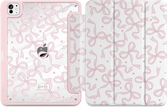 TWOLSKOO Case for iPad Pro 11-inch (M5 2025 / M4 2024) Clear Acrylic Back with TPU Bumper Pencil Holder Trifold Stand Auto Sleep/Wake Pink Bows