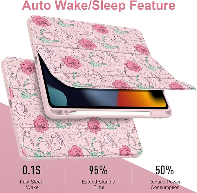 MEEgoodo Case for iPad 10.2 inchTablet Cases for iPad 9th Generation 2021/8th Gen 2020/7th Gen 2019 with Clear Acrylic Back Shell+Pencil Holder+Auto Wake/Sleep+Trifold Stand Pink Peony &amp Bow