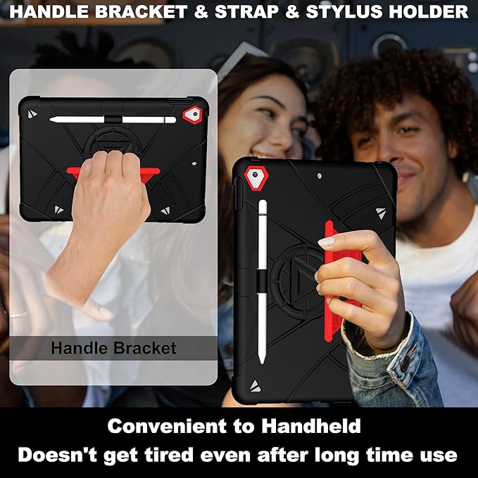 Case for iPad 9th/8th/7th Generation 10.2 inch Heavy Shockproof Cover with Screen Protector/180° Rotating Handle/Bracket/Pen Holder/Shoulder Strap Kids Case for 2021/2020/2019 (D-Black+Red)