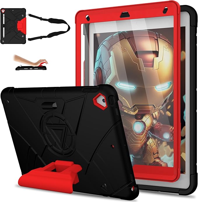 Case for iPad 9th/8th/7th Generation 10.2 inch Heavy Shockproof Cover with Screen Protector/180° Rotating Handle/Bracket/Pen Holder/Shoulder Strap Kids Case for 2021/2020/2019 (D-Black+Red)
