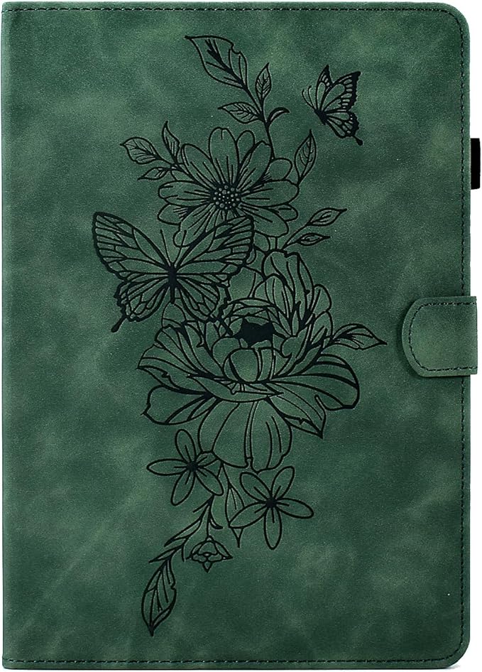Folio Case for Amazon Kindle Fire HD 8/Fire HD 8 Plus (12th/10th Generation 2024/2022/2020) 8 with Stand/Pencil Holder [Auto Sleep/Wake] Embossed PU Leather Smart Cover Green Butterfly Flower