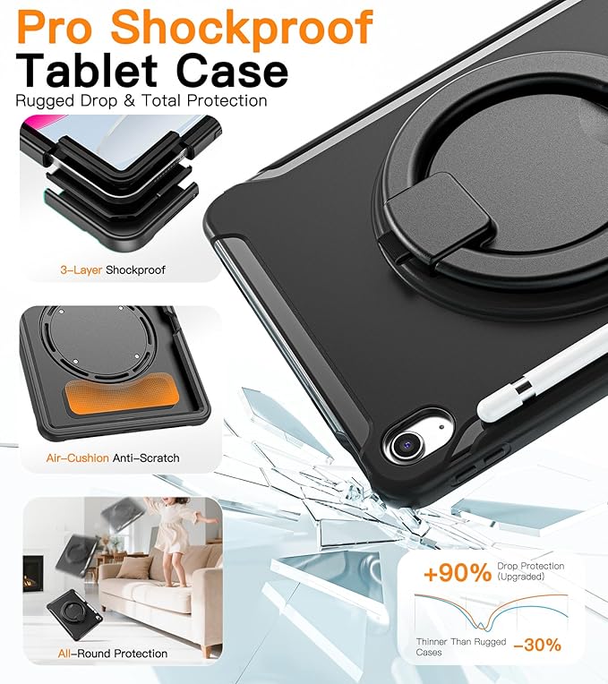 BATYUE Shockproof Case for iPad 10th Gen 10.9 2022 / 11th Gen (A16) 11 2025 | 360° Multi-Angle Stand (Portrait &amp Landscape) &amp Grip Built-in Screen Protector Pencil Holder Black
