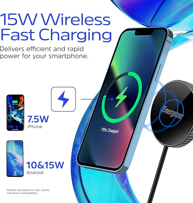 Energizer Qi2 Certified 15W Magnetic Wireless Charger MagSafe Compatible Fast Charging Pad for iPhone 15/14/13/12 Series Strong Magnetic Alignment with USB-C Cable for Qi-Enabled Phones_WCP112
