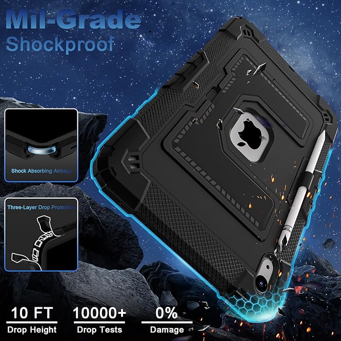 WESOROL Case for iPad A16 11th Generation 11 Inch (2025) iPad 10th Generation 10.9 Inch (2022)i Pad A16 Case Military Grade Shockproof Cases with Pencil Holder Shoulder StrapBlack
