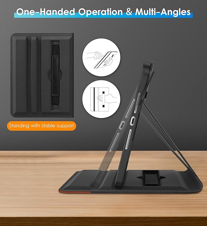 DTTO Rotating Case for iPad 9th/8th/7th Generation 10.2 Inch 2021/2020/2019 360 Degree Swiveling Premium Leather Folio Stand Cover with Pencil Holder - Auto Wake/Sleep and Hand Strap Black Brown