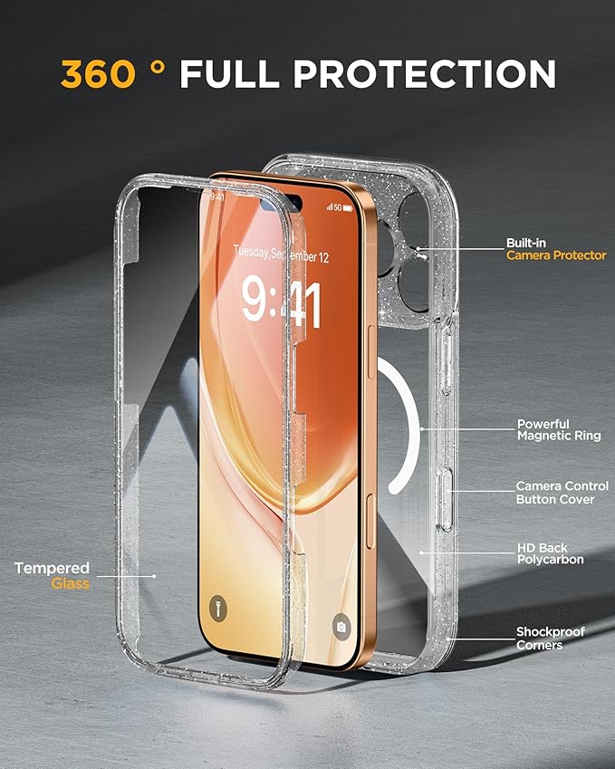 Miracase Magnetic for iPhone 17 Pro Case 6.3 [Compatible with MagSafe] Full-Body Phone Case with Built-in Glass Screen Protector &amp Camera ControlDrop Proof iPhone 17 Pro Cover Clear Glitter