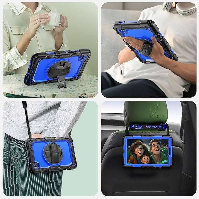 SEYMAC for Samsung Galaxy Tab A9 Case 8.7 Inch 2023 (SM-X110/X115/X117) Heavy Duty Shockproof Protective Case with Screen Protector Rotating Stand Hand/Shoulder Strap and Pen Holder Blue