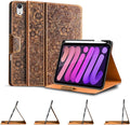 Gexmil Genuine Leather Case for iPad mini 7 (A17 Pro) 2024 / iPad mini 6 Generation 2021 8.3 InchMagnetic ClosurePencil HolderShockproof Cowhide CoverPencil 2 Wireless ChargingFlower Brown
