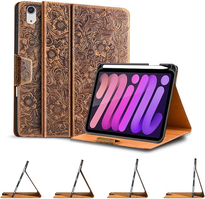 Gexmil Genuine Leather Case for iPad mini 7 (A17 Pro) 2024 / iPad mini 6 Generation 2021 8.3 InchMagnetic ClosurePencil HolderShockproof Cowhide CoverPencil 2 Wireless ChargingFlower Brown