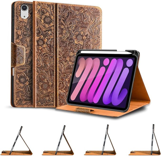 Gexmil Genuine Leather Case for iPad mini 7 (A17 Pro) 2024 / iPad mini 6 Generation 2021 8.3 InchMagnetic ClosurePencil HolderShockproof Cowhide CoverPencil 2 Wireless ChargingFlower Brown