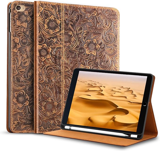 Gexmil Case for iPad 7.9 Inch mini 4/5 with Pencil Holderapplies Cowhide Folio Cover for iPad mini 4 Genuine Leather case (Pattern-Brown)