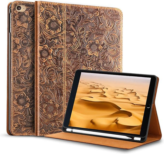 Gexmil Case for iPad 7.9 Inch mini 4/5 with Pencil Holderapplies Cowhide Folio Cover for iPad mini 4 Genuine Leather case (Pattern-Brown)