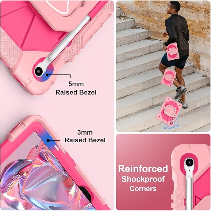Case for Samsung Galaxy Tab S10 Lite/S10 FE/S9 FE 10.9 Inch Samsung Tab S9 11 Inch Rugged Galaxy S10 Tablet Cover with Pen Holder 360 Rotating Stand Shoulder Strap Screen Protector Rosegold