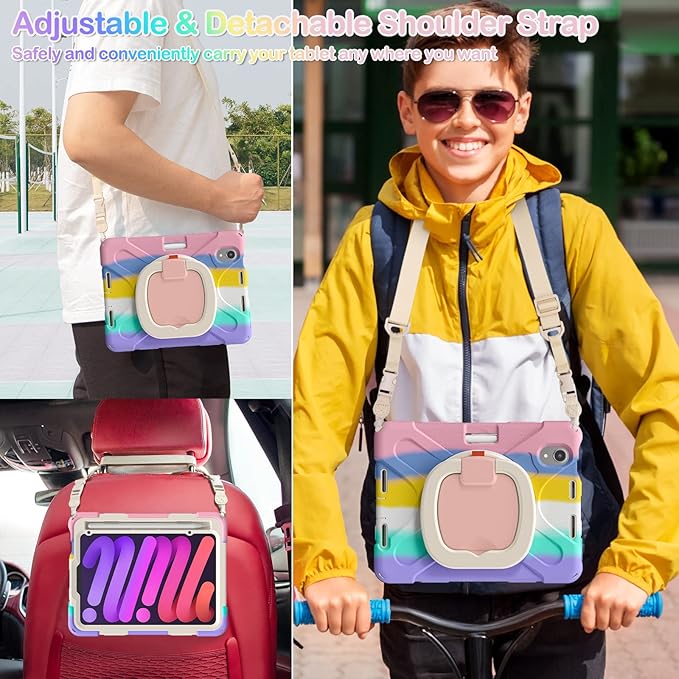 BRAECNstock Kids Case for Apple iPad mini 7 (A17 Pro)/ Mini 6 2024/2021 8.3-Inch Shockproof Protective iPad mini Case with Screen Protector Rotating Stand Handle Grip Pencil Holder Rainbow Pink