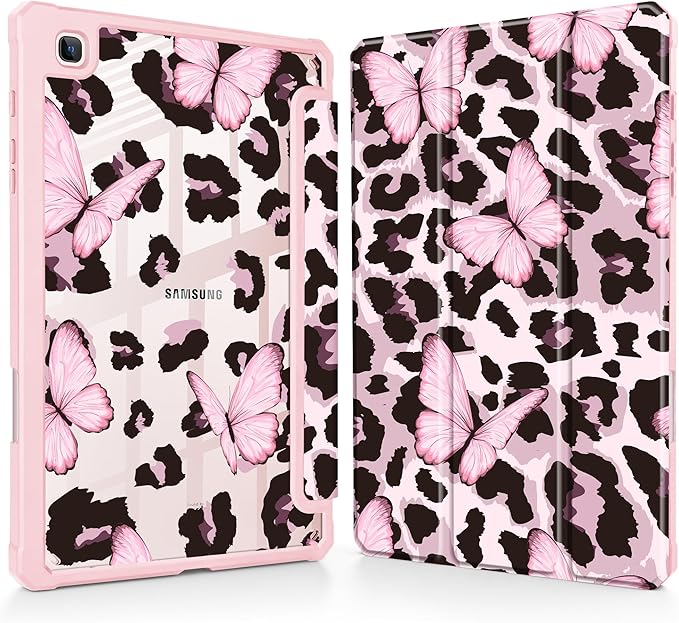Mektron Case for Samsung Galaxy Tab S6 Lite 10.4 Inch 2024/2022/2020 with S Pen Holder Multi-Angle Viewing with Shockproof Cover Clear Shell + Trifold Stand + Auto Wake/Sleep Leopard Pink Butterfly