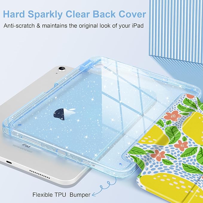 MEEgoodo Case for iPad A16 11th Generation 2025/10th Generation 2022 Glitter Tablet Cases with Transparent Acrylic Back+Trifold Stand +Pencil Holder+Auto Wake/SleepLemon Fruit Pattern