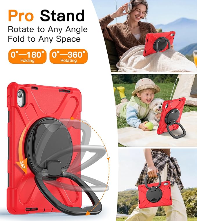 BATYUE Case for iPad (A16) 11th/10th Gen 11''/10.9'' 2025/2022 - Heavy Duty Shockproof Cover with 360° Rotating &amp 180° Folding Stand Screen Protector Shoulder Strap &amp Pencil Holder | Red