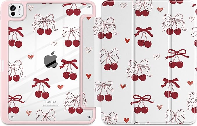 Case for iPad Pro 13 inch (M5) 2025 (M4) 2024 Release with Pencil Holder - Aesthetic Cute Preppy Design Trifold Cover with Soft TPU Bumper Clear Back Auto Sleep/Wake for Girls Women Cherry