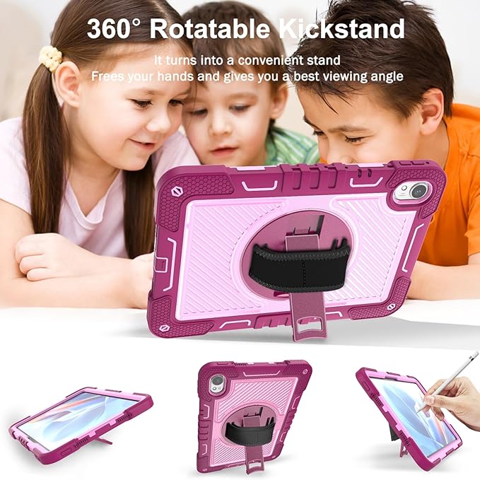 Tablet Case for Huawei MatePad Air 11.5/Huawei MatePad 11.5 S/Huawei MatePad 11.5 Tablet Shockproof Cover with 360° Rotating Stand and Wrist Strap Shoulder Strap Red Rose+Pink