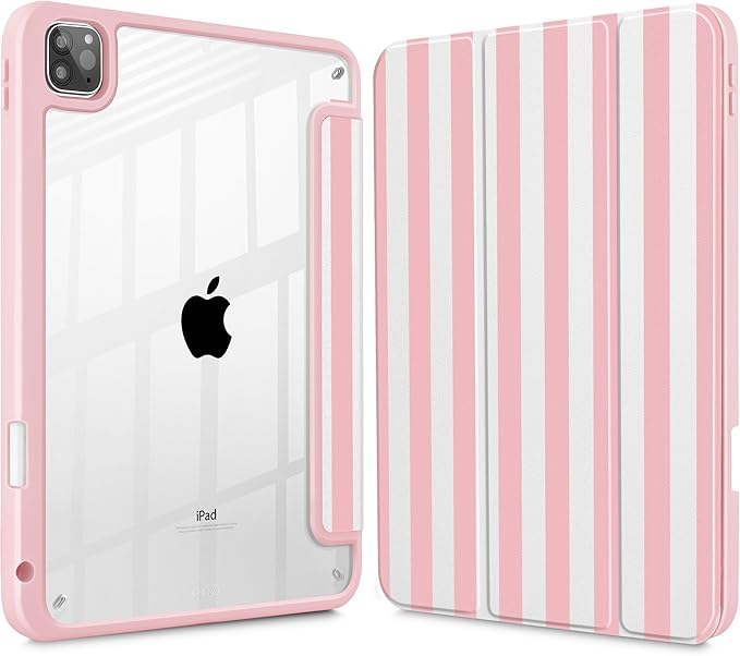 May Chen for iPad Pro 11 inch M2 4th Generation 2022 iPad Pro 11 3rd/2nd/1st Gen Built-in Pencil Holder with Shockproof Cover Clear Transparent Back Shell Auto Wake/Sleep Pink Stripes