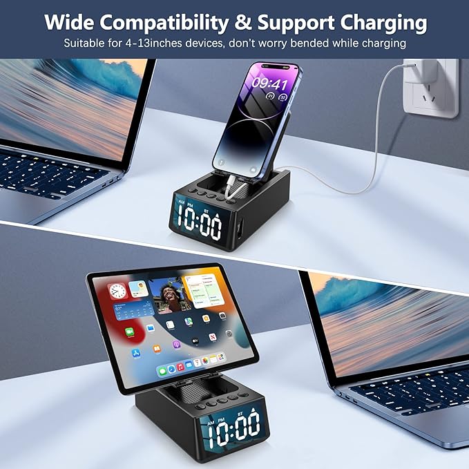 Cell Phone Stand with Wireless Bluetooth Speaker &amp Alarm Clock 3 in 1 Adjustable Holder with Anti-Slip Base Fits All Phones Tablets Unique Tech Gifts for Men/Women Dad Mom Husband Wife (Blac