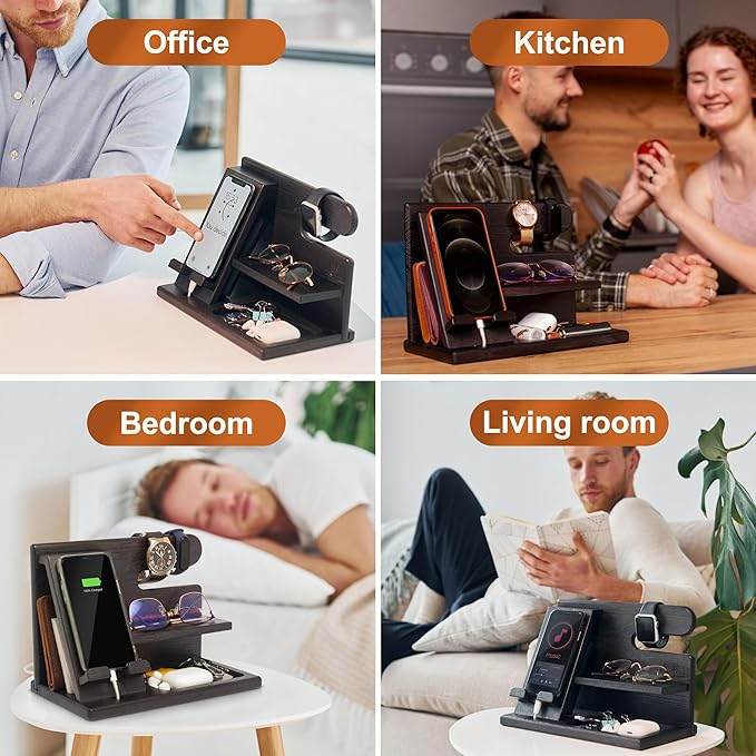 TESLYAR Wood Phone Docking Station for Men - Desktop or Nightstand Organizer - Birthday Gifts for Men Dad - Anniversary Idea from Wife - Key Holder Stand Wallet Watch &amp Essentials (Granite Blac