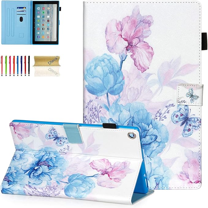 Dteck Folio Case for All-New Fire HD 10 Tablet (9th/7th/5th Generation 2019/2017/2015 Release) - Premium Leather Smart Stand Cover with Auto Wake/Sleep for Kindle Fire HD 10.1 Inch Vibrant Flower