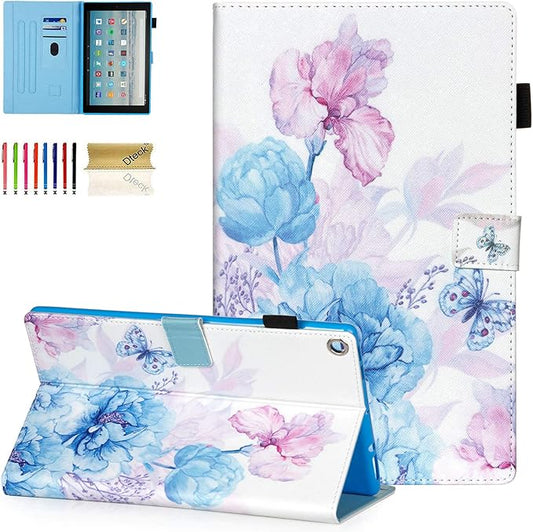 Dteck Folio Case for All-New Fire HD 10 Tablet (9th/7th/5th Generation 2019/2017/2015 Release) - Premium Leather Smart Stand Cover with Auto Wake/Sleep for Kindle Fire HD 10.1 Inch Vibrant Flower