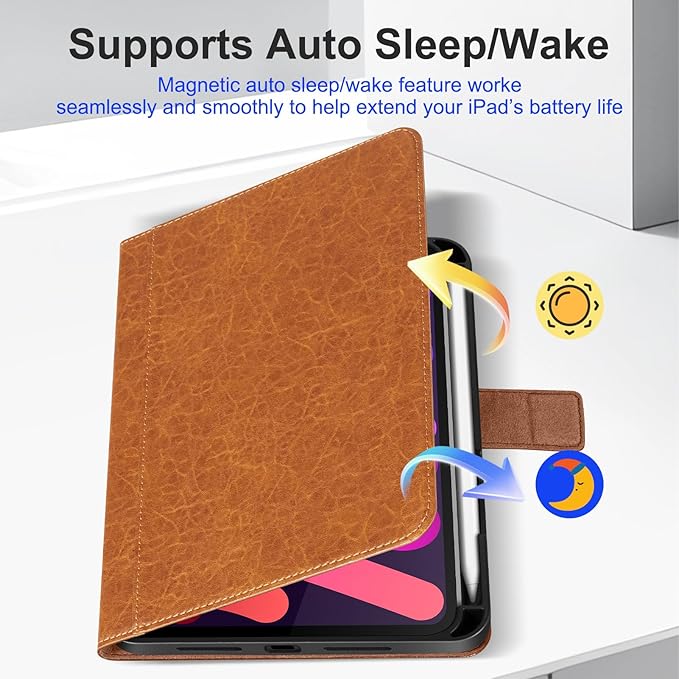 Genuine Leather Case for iPad mini 7th/6th Gen 8.3 inch Premium Folio Cover with Apple Pencil Holder Auto Wake/Sleep Adjustable Stand &amp Magnetic Closure Yellow Brown