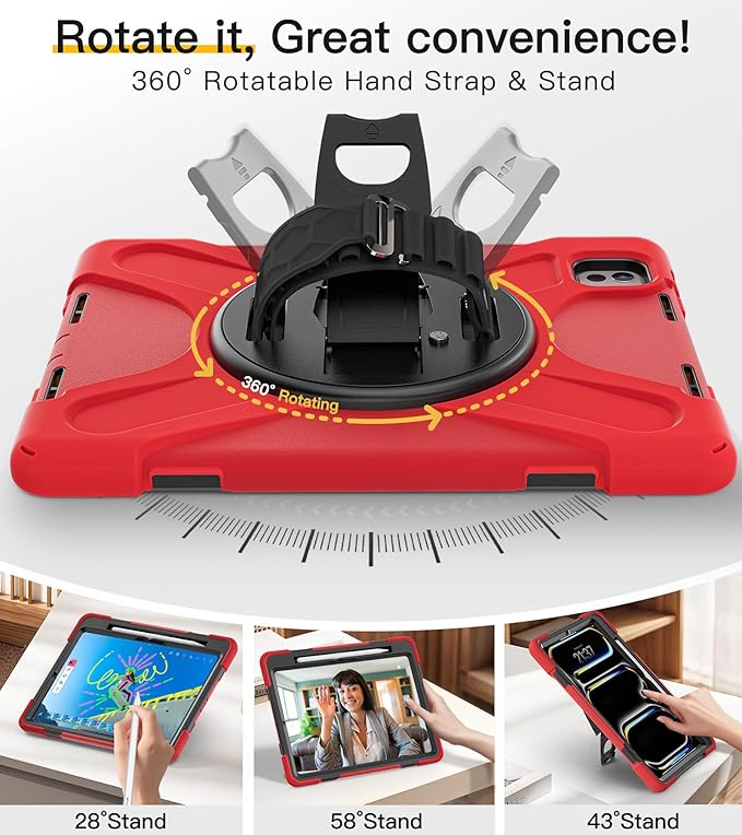 BRAECN Case for iPad Pro 11 inch M5 2025 &amp M4 2024 4 Layers Heavy Duty Full-Body Protection Screen Protector Pencil Holder 360° Rotating Handle Kickstand Shoulder Strap Kids Friendly