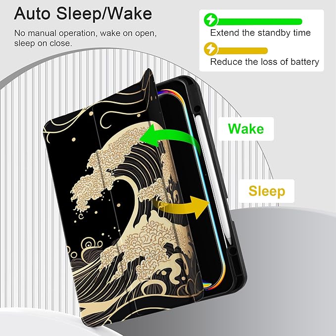 DONGKE Case for iPad Pro 13 inch (M5 2025 / M4 2024) – [Built-in Pencil Holder] Ultra Slim PU Leather Trifold Stand Cover with Soft TPU Back Auto Wake/Sleep - Golden Waves