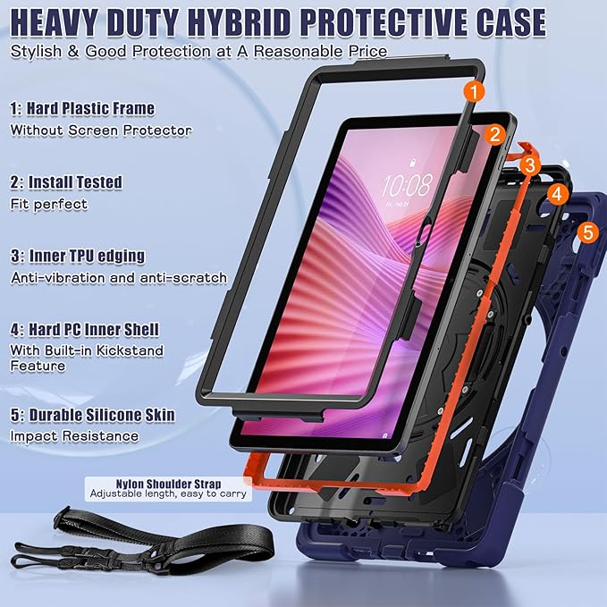Tablet Case Compatible with Lenovo Tab 10.1(TB-311XU) /K10C TB311FU 2025 Case Protective Heavy Duty Rugged Shockproof Drop Protection Cover Shoulder Strap for Kids Silicone Cover(Dark Blue)