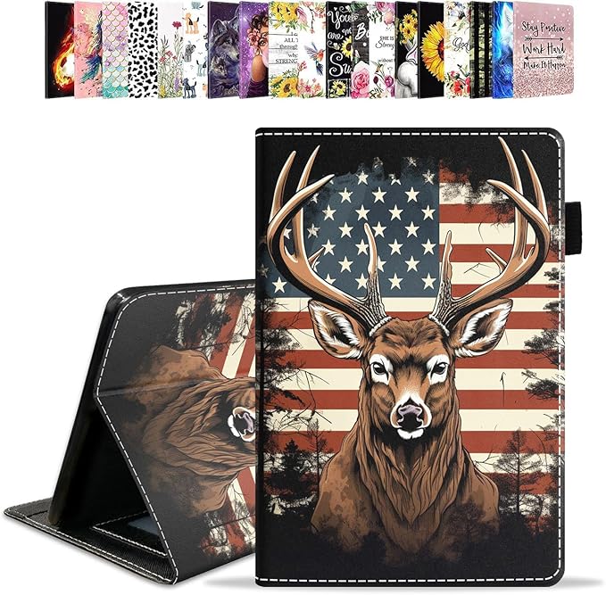 Case for All-New Amazon Kindle Fire HD 10 &amp 10 Plus Tablet 10.1 (13th/11th Generation 2023/2021 Release) - PU Leather Folio Case with Smart Auto Wake/Sleep American Flag Deer