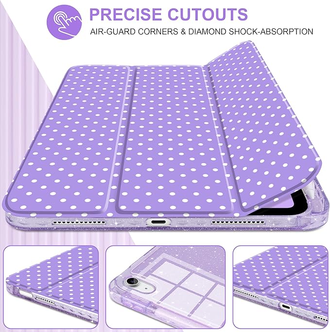 MEEgoodo Case for iPad A16 11th Generation 2025/10th Generation 2022 Glitter Tablet Cases with Transparent Acrylic Back+Trifold Stand +Pencil Holder+Auto Wake/SleepPurple &amp Polka Dots