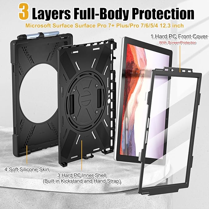 BRAECNstock Silicone Case for Microsoft Surface Pro 7+ Plus/Pro 7/6/5/4 12.3 inch Shockproof Rugged Cover with Screen Protector 360° Rotating Hand Strap + Stand Pen Holder Shoulder Strap Black
