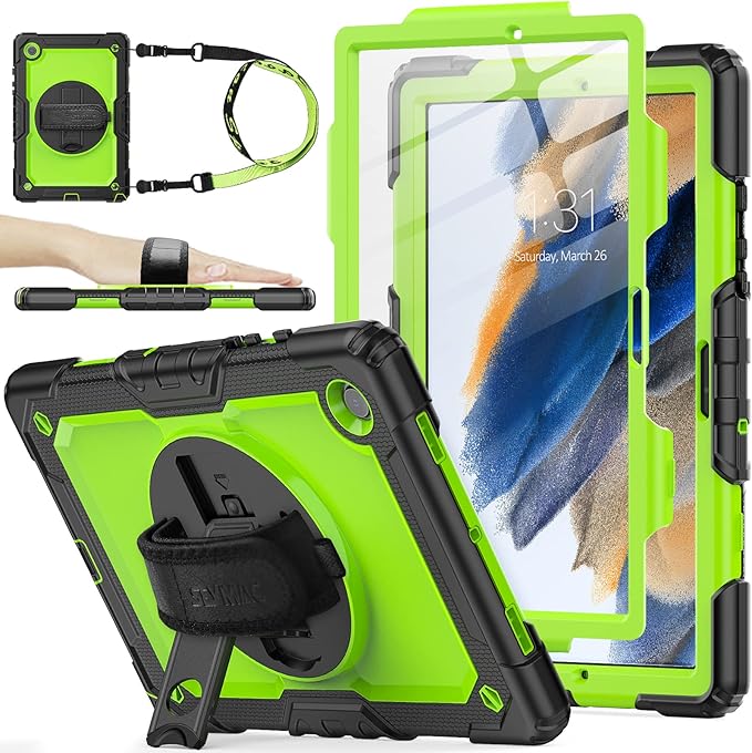 SEYMAC stock Case for Samsung Galaxy Tab A8 10.5'' Full-Body Drop Protection Case with Screen Protector Pencil Holder [360° Rotating Hand Strap] &ampStand Green+Black