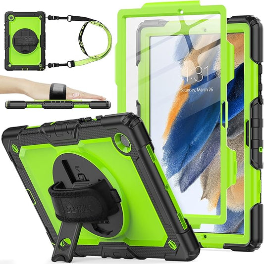 SEYMAC stock Case for Samsung Galaxy Tab A8 10.5'' Full-Body Drop Protection Case with Screen Protector Pencil Holder [360° Rotating Hand Strap] &ampStand Green+Black