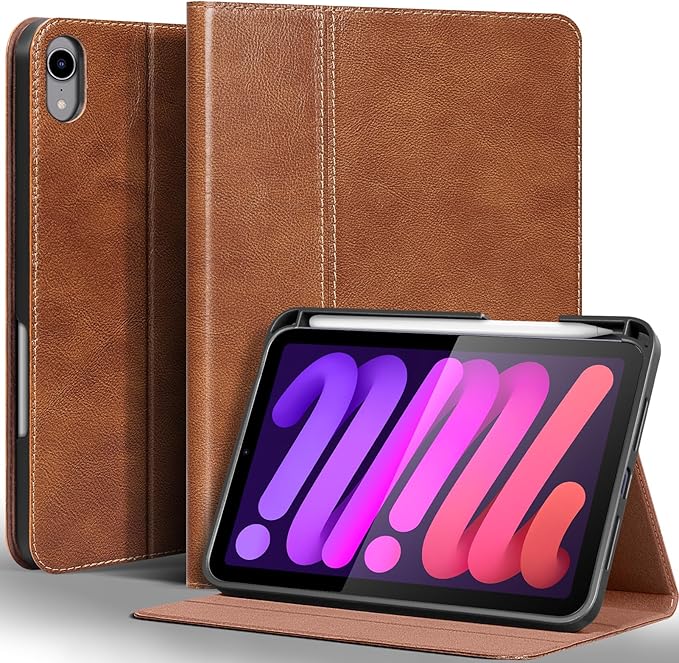 Gexmil Leather Case for iPad mini 7 (A17 Pro) 2024 / iPad mini 6 Generation 2021 8.3 InchPremium Cowhide Cover with Pencil HolderAdjustable Stand Auto Wake/SleepVegetable Tanned Brown