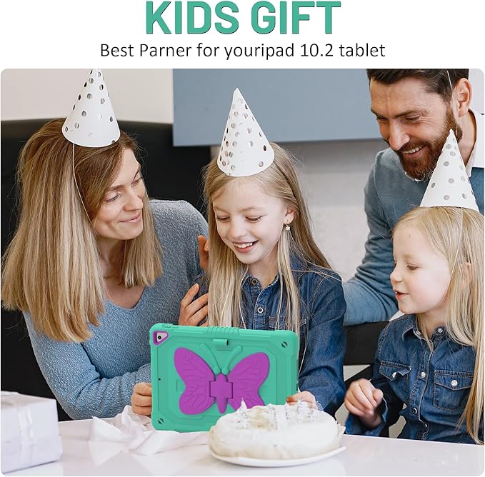 Ambison Case for iPad 9th/8th/7th Generation 10.2 inch with Glass Screen Protector Rugged Shockproof Protective Cover for Kids Girls Butterfly Stand Shoulder Strap for iPad 2021/2020/2019-Mint Green