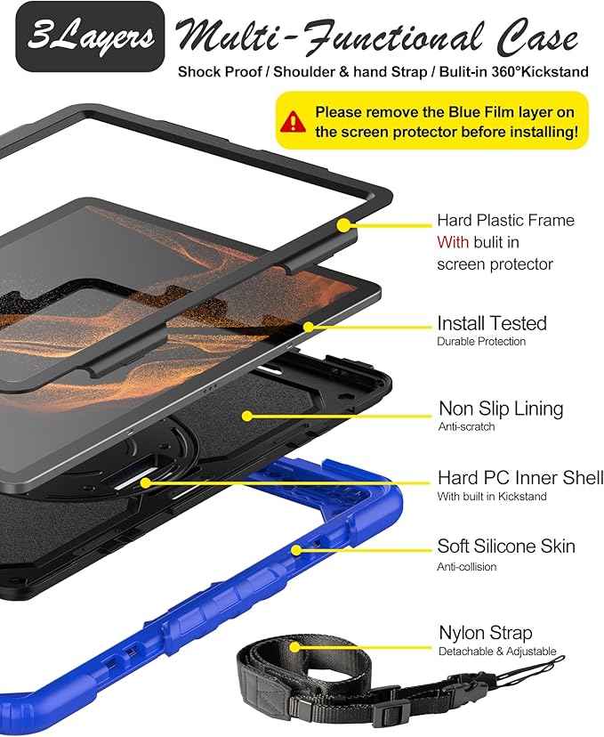 Case for Samsung Galaxy Tab S8 Plus 2022/S7 FE/S7 Plus 5G 12.4-inch Tablet Case Protective [with Screen Protector] Rotatable Kickstand S Pen Holder Hand/Shoulder Strap (Blue)