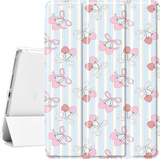 Idocolors Cute Kawaii Cherry Bow Pad Case for 9.7 Inch iPad Air/iPad Air 2 Clear TPU Smart Stand Back Cover with Pencil Holder Auto Wake/Sleep Shockproof Protective Case for Women Girls