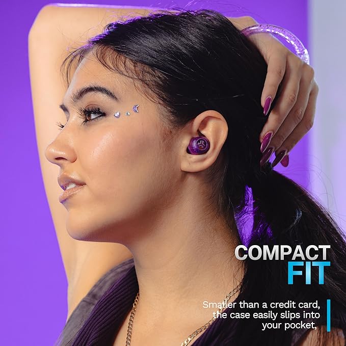 JLab Go Pop ANC True Wireless Earbuds &amp Charging Case Transparent Purple Active Noise Cancelling 10mm Drivers Dual Connect Customize Your Sound with App Be Aware Mode MEMS Microphone